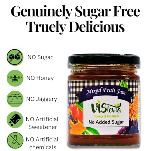 Image of VIStevia Sugar Free Mixed Fruit Jam (220g) | Diabetic & Keto Friendly | Sweetened with Stevia and Erythritol | 100% natural | More than 60% whole fruit | Tastes delicious