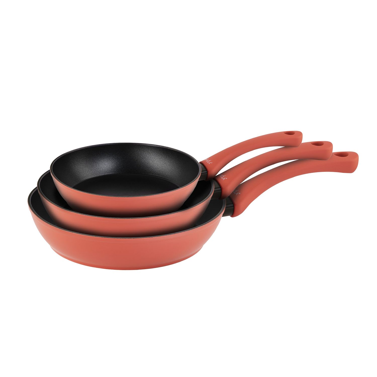 Lote 3 sartenes Rainbow Red 18 cm, 22 cm y 26 cm – Aluminio forjado, antiadherente Xylna 2 capas libre de PFOA, mango soft touch rojo, aptas inducción y lavavajillas