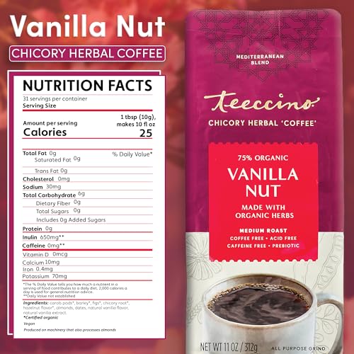 Teeccino Vanilla Nut Chicory Coffee Alternative - Ground Herbal Coffee That’s Prebiotic, Caffeine Free & Acid Free, Medium Roast, 11 Ounce (Pack of 6) - Thumbnail 2