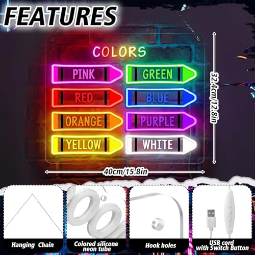 Image of Retisee 15.8 x 11 Inches Classroom Crayon Colors Neon Sign Back to School Colorful LED Neon Sign Crayon Wall Door for Classroom Playroom Kindergarten Hanger Decor