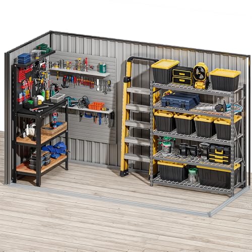 Image of DWVO 9' x 4' Outdoor Storage Shed, Lockable Double Doors, Sloped Roof, Heavy-Duty Steel Shed for Garden & Patio, Large Backyard Tool Organizer, Dark Gray