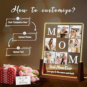 Personalized mothers day gifts for mom custom acrylic plaque printed with photos text custom walnut picture frame with led night light birthday gifts for mom wife from daughter son husband  urban country home decor