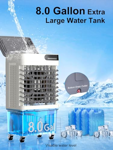 Image of Uthfy Swamp Cooler, 36 Inch Evaporative Air Cooler with 8 Gal Water Tank, 2500 CFM, 120 Oscillation, 3 Modes & 3 Speeds, Remote, 12 H Timer, 4 Ice Packs, Portable Air Conditioner for Indoor