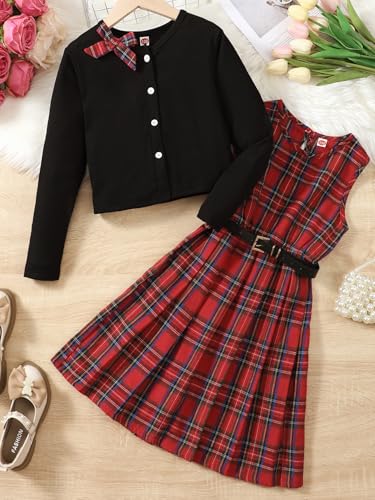 Image of PureChapter Girls' Preppy Clothes Plaid Vest Dress Cardigan Jacket Belt Cute Kids Clothes 7-14Y Green