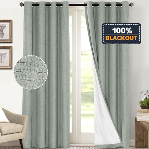 Image of PrinceDeco Blackout Curtains 108 Inches Long 2 Panels Set for Bedroom Solid Thermal Insulated with White Liner Grommet Room Darkening Curtains & Drapes Luxury Decor for Living Room Nursery,Green Bay