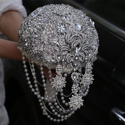 Image of MaxxCloud Luxury Gatsby-Inspired Vintage Wedding Golden Brooch Bouquets Handmade Sliver Bling Glam Wedding Bridal Bouquet
