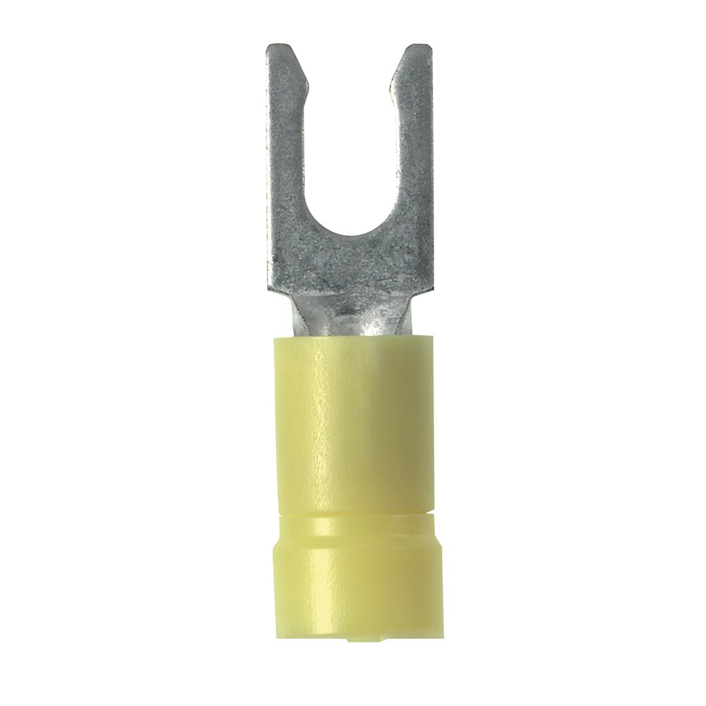 Panduit PV10-14LF-L Locking Fork Terminal, Vinyl Insulated, 12 - 10 AWG, 1/4-Inch Stud Size, Funnel Entry, Yellow (50-Pack)