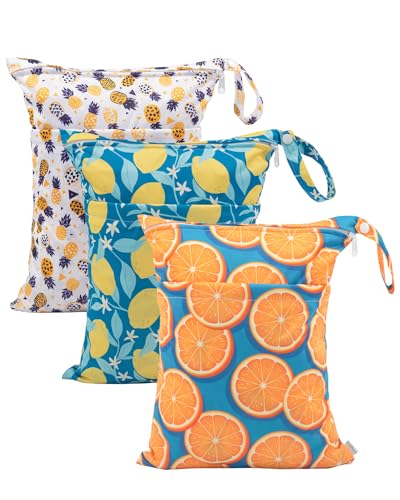 Image of babygoal Wet Dry Bags for Baby Cloth Diapers, Washable Travel Bags, Beach, Pool, Gym Bag for Swimsuits & Wet Clothes with Two Zippered Pockets 3 Pack, 3LN22