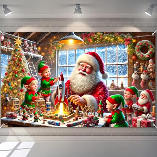 BlissYard Christmas Banner Santa Claus Elves Workshop Rocket Toy Christmas Tree Stockings Garland Winter Snow Scene 71x43 Inches Indoor Outdoor Holiday Party Decoration