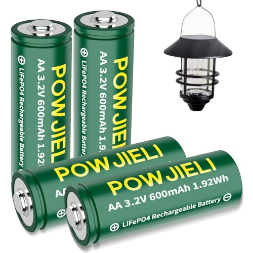 POWJIELI 3.2V AA LiFePO4 Akku 600mAh Wiederaufladbare AA Batterien mit Langer Lebensdauer für Solarleuchten AußenbeleuchtungAA-3.2v-600mAh