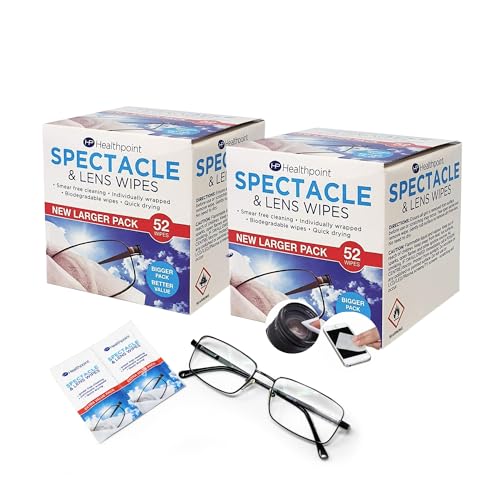Healthpoint 104 Pack Spectacle and Lens Wipes - Gentle Individually Wrapped Wipes for Streak-Free Cleaning of Glasses Cameras Binoculars and Smartphone Screens - (2 x Packs of 52)