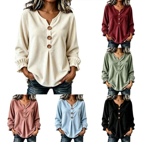 Women's Fall Corduroy Tops Long Sleeve Split V Neck Button Up Blouses White - image 1