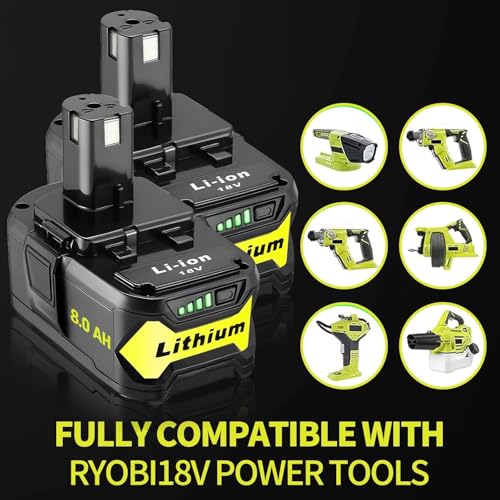 Image of Replacement for Ryobi 18V Battery: 8.0Ah Replace Compatible with Ryobi Lithium Battery P107 P108 Cordless Power Tools with LED Indicator Light 2 Pack