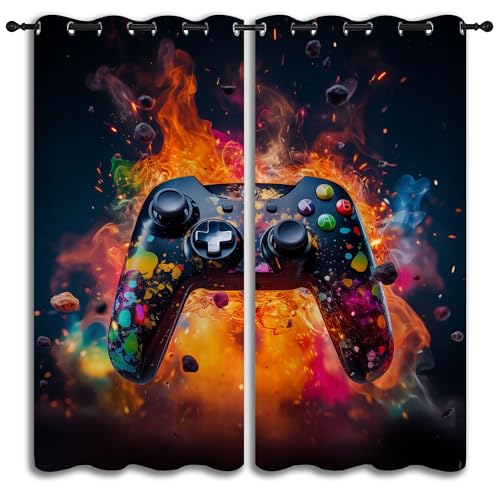 PYMATYTN Video Game Controller Blackout Curtains for Boys Girl Bedroom Decor,Colorful Fantasy Abstract Art Thermal Insulated Grommet Drapes Darkening Window...