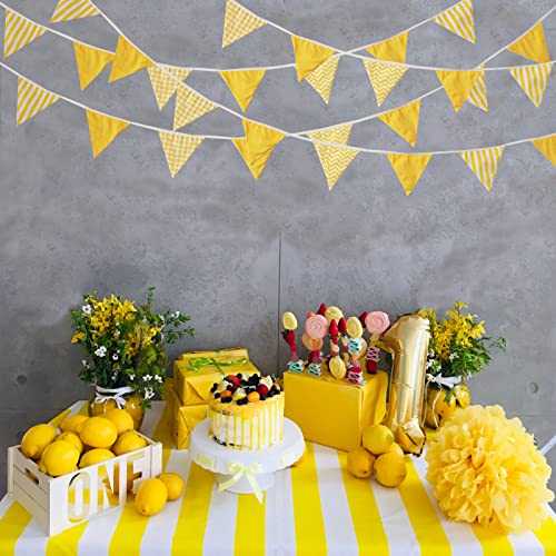 Image of Zwiebeco 32Ft Yellow White Plaid Stripe Wavy Fabric Bunting Banner Triangle Flags Cotton Garland Pennant for Birthday Wedding Baby Shower Tea Party Classroom Nursery Home Outdoor Garden Decorations