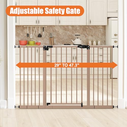 Image of keny 29 inch-47.3 inch Extra Wide Baby Gate for Stairs, Auto Close Safety Dog Gate | Pressure Mounted No Drilling Pet Gate for Doorways, Easy Walk Through Stair Gate for Kids Todder, 30 inch Tall, Brown