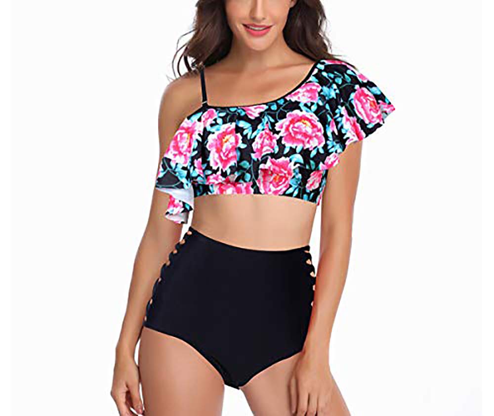 Women Sexy Floral Printed One Shoulder Two-Piece Swimwear High Waisted Bikini