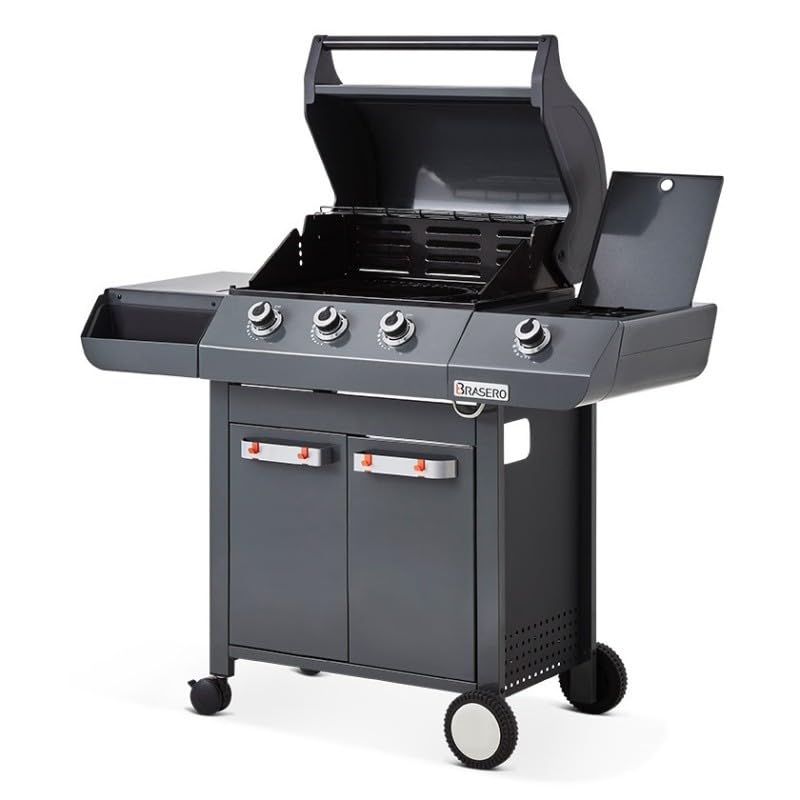 BRASERO - Barbecue Emma Gun Metal 3 Feux + 1 Side - FlexiGrill - Jusqu'à 10 convives - Surface de...