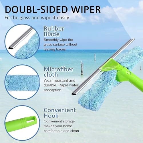 Image of Glass Cleaner Wiper Mop for Window Cleaning with Long Handle Double Side Design for Floor Kitchen Bathroom and Solar Cleaner Panel Equipment with Microfiber Refill