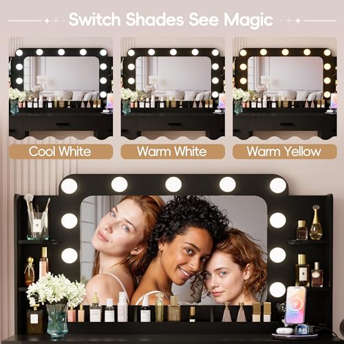 Image of Furmax Vanity Desk with Hollywood Style Mirror with LED Lights, Makeup Table Vanity with 2 AC Outlets and1 USB&1 Type-C Port, Adjustable Lighting, Modern Ample Storage Drawers Dressing Table (Black)