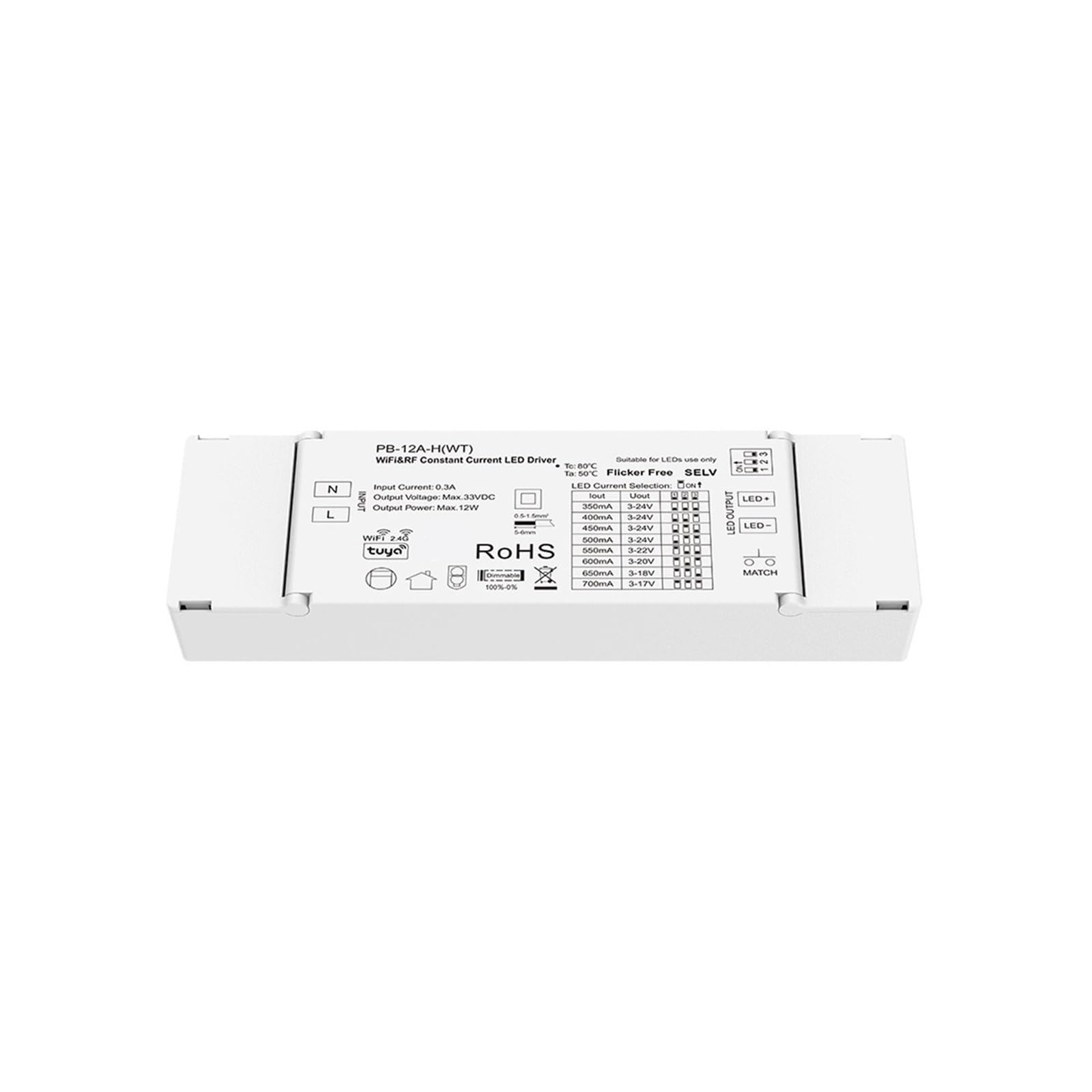 Ściemnialny Sterownik LED, Inteligentne Sterowanie Głosem, Aplikacja, Zasilacz 12 W, Ściemnianie Bez Migotania, Odpowiednie Do Oświetlenia Wewnętrznego Wysoka Stabilność(PB-12A-H(WT) Only)