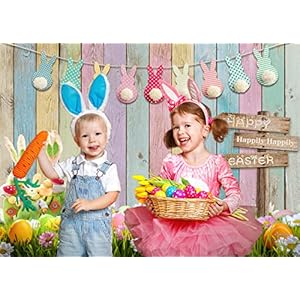 WOLADA 7x5FT Spring Easter Backdrop Happy Easter Colorful Wood Photography Backdrops Easter Theme Photography Backdrop Bunny Rabbit Colorful Eggs Grass Floral Baby Kids Party Decor 12394