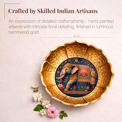 Image of Hammered Golden Lotus Urli Bowl with Royal Elephant Art | Decorative Metal Pooja Urli for Floating Flowers, Festive Decor & Centerpieces | Scalloped Edge Lotus Design