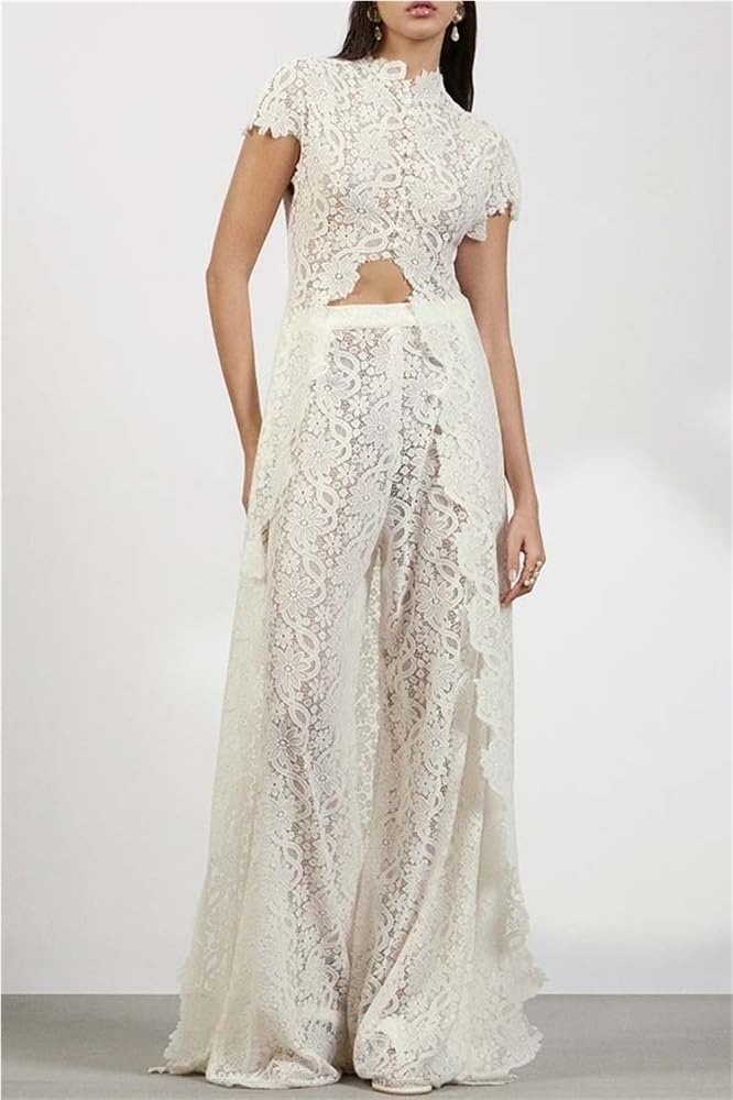 Genérico Conjunto Dos Piezas de Encaje Elegante Mujer Top Asimétrico Botones Manga Corta Pantalón Ancho Traje de Cita w