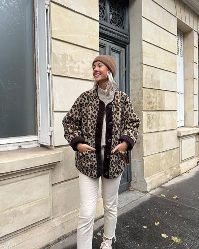 utcoco Womens Leopard Fuzzy Fleece Jacket Crew Neck Button Down Sherpa Coats Winter Warm Outwear with Pockets3