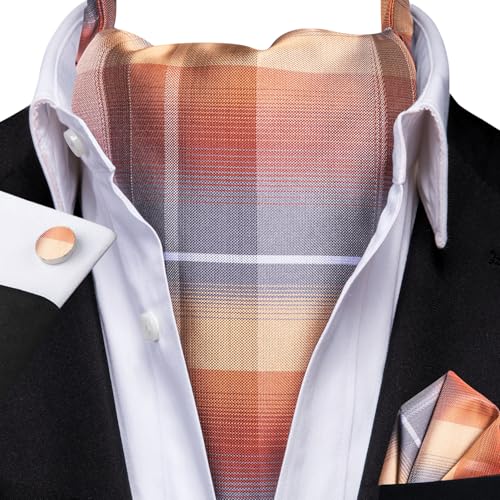 Image of Hi-Tie Silk Ascot for Men Self Tie Men's Cravat and Flower Lapel Pin Handkerchief Cufflinks Set for Wedding Party