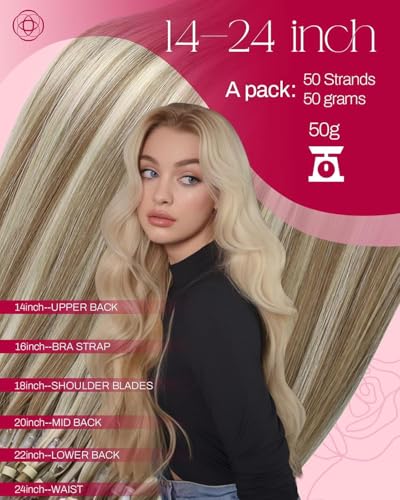 Image of Moresoo Micro Link Hair Extensions Human Hair, Light Brown Platinum Blonde | 20inch, 50g 50 strands, no heat no glue, long straight hair, platinum blonde blend, weekend outings, natural movement