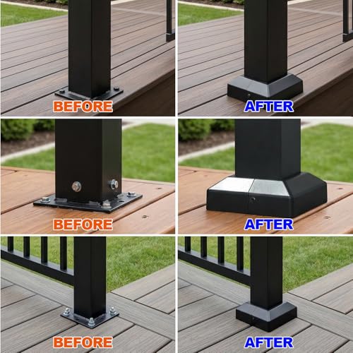 Image of Aluminum Split Post Base Cover fit 3 inch Post, Decorative Square Railing Base Trim, Post Base Plate Cover, Fence Post Flange Skirt for Patio, Porch, Stair, and Railing Systems, Textured Black (24)