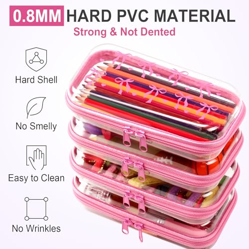 Image of Hoolerry 4 Pcs Pink Bow Clear Hard Zipper Case Cute Coquette Makeup Bags for Women Plastic Transparent Storage Pouch Toiletry Organizers for Travel, Cosmetics, Crafts, Nail Art Supplies