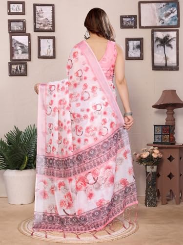 Image of Women's Zari Border Cotton Linen Printed Saree with Blouse