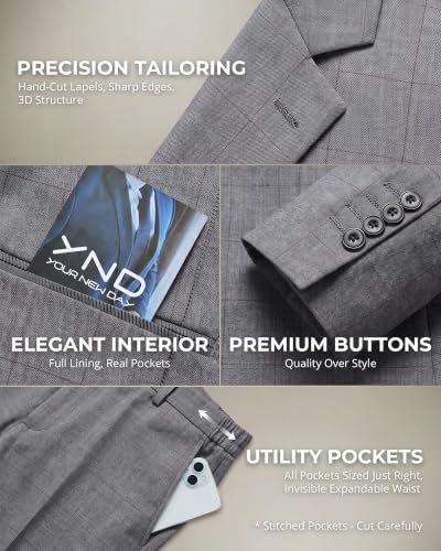 Image of YND Men's 3 Piece Suit with Tie, Solid Color Slim Fit Jacket Vest and Pants