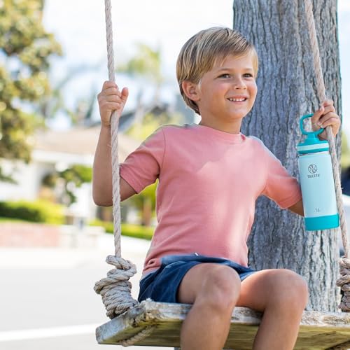 Image of Takeya Actives Kids Water Bottle 16 oz Stainless Steel Double Wall Insulation BPA-Free Leakproof Straw Lid Easy Carry Handle Reusable Ideal for Boys and Girls, School, Sports - Surfer / Lagoon