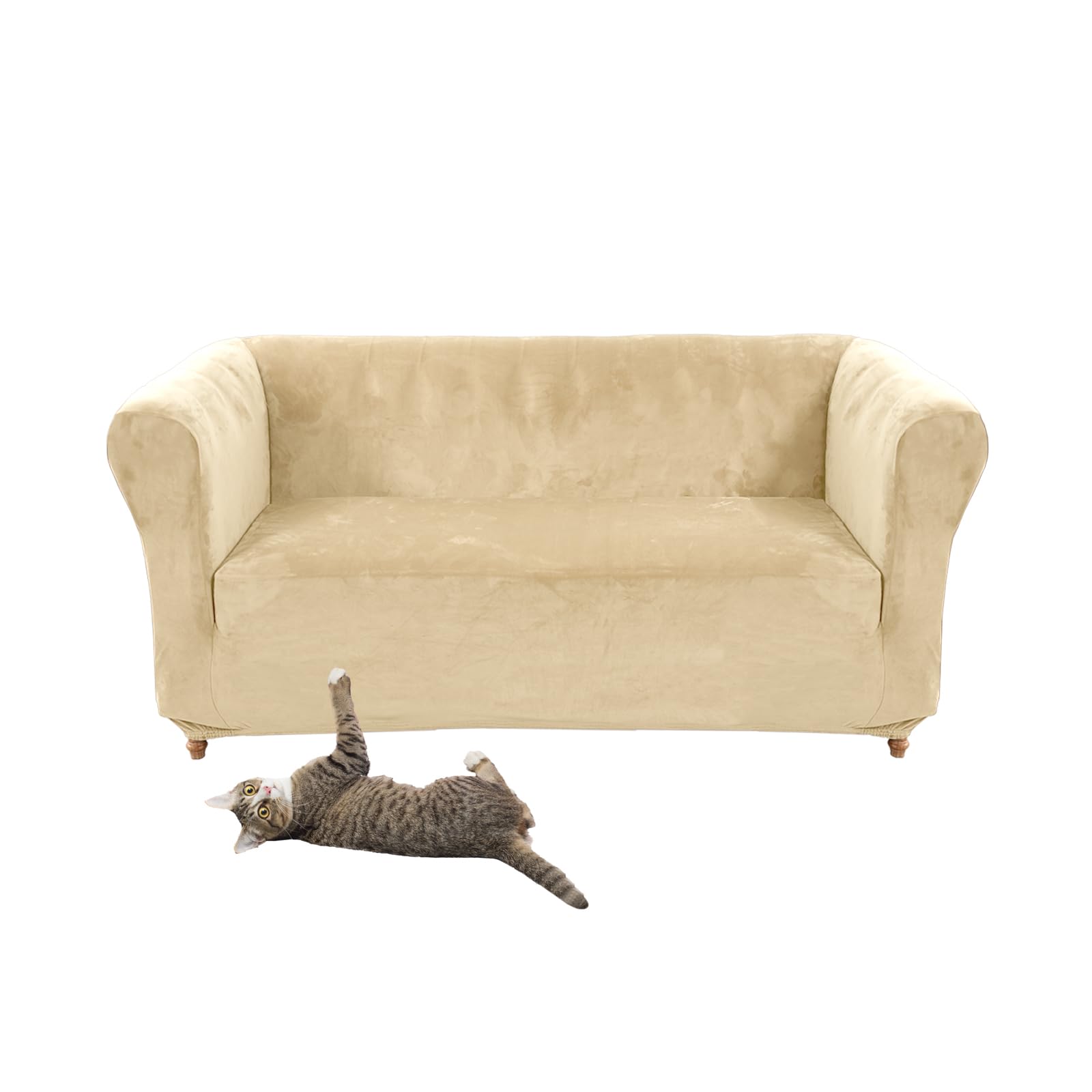 Stretch Velvet Chesterfield Sofa Cover Couch Cover with Seat Cushion for Curved Chaise Armchair Vintage Style (Beige Sofa)