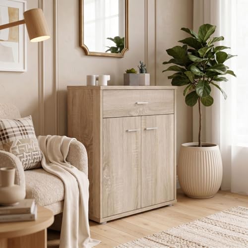 IDIMEX Buffet Monaco, Commode Meuble de Rangement avec 1 tiroir et 2 Portes, en mélaminé décor chêne Sonoma