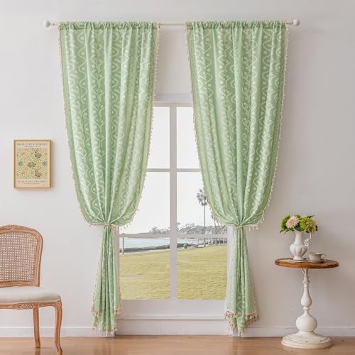 Image of Boho Curtains 84 Inch Long for Living Room, Bedroom, 2 Panels Floral Farmhouse Vintage Tassel Semi Sheer Light Filtering Privacy Window Curtain Drapes with Rod Pocket,Light Green