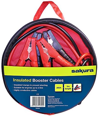 Sakura Booster Cables Jump Start Leads SS3625 - 200 Amp 3 m Colour Coded Clamp - For Cars Vehicles Up To 2.0L/2000CC - Flat Battery