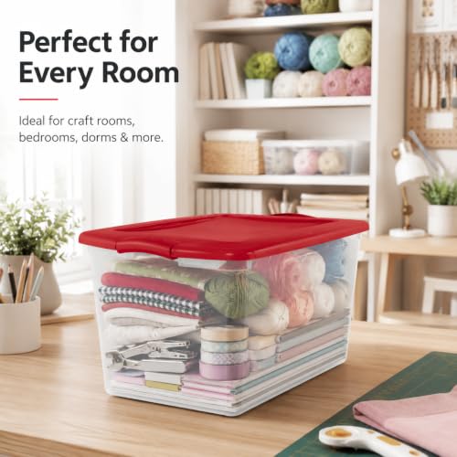 Image of Storage Bins 66 Qt Clear Latching Lid Stackable 6 Pack Red