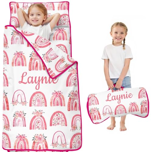 Personalized Boho Rainbow Toddlers Nap Mat with Name for Daycare Preschool Kindergarten, Customized Kids Sleeping Bag with Pillow and Blanket, Kids Sleep Sacks for Girls