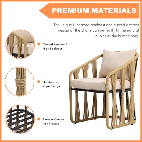 Image of DEVOKO Serene 3-Piece Outdoor Rope Patio Bistro Set with Glass Top Table and Cushions for Garden, Deck, Lawn, Poolside, Porch, Balcony (Beige & Cream)