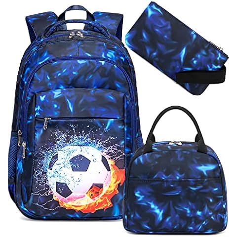 LEDAOU Backpack for Kids Boys School Bags Teen Bookbags Set School Backpack with Lunch Box and Pencil Case (Soccer Ball) Cover