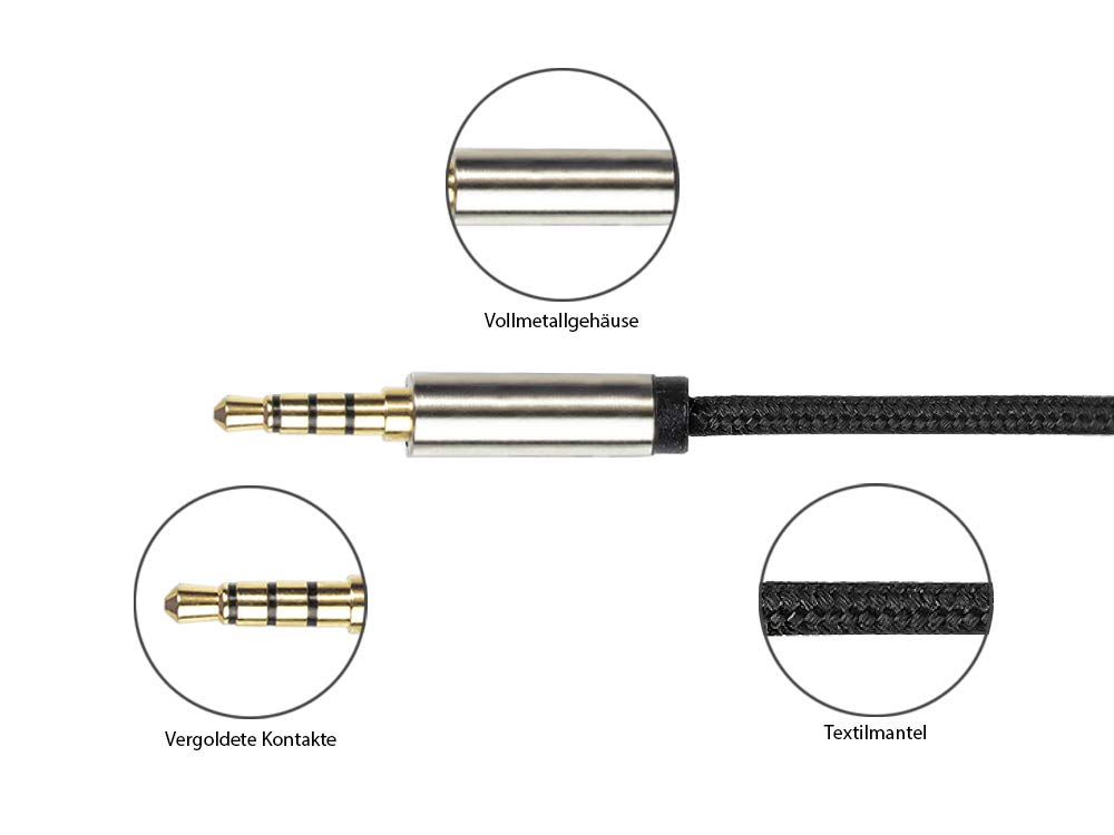 Python Series Cavo Audio AUX 3,5 Mm 4 Poli – 1 M, Connettori Metallici Dorati Con Livello 2 Mm, Guaina In Tessuto