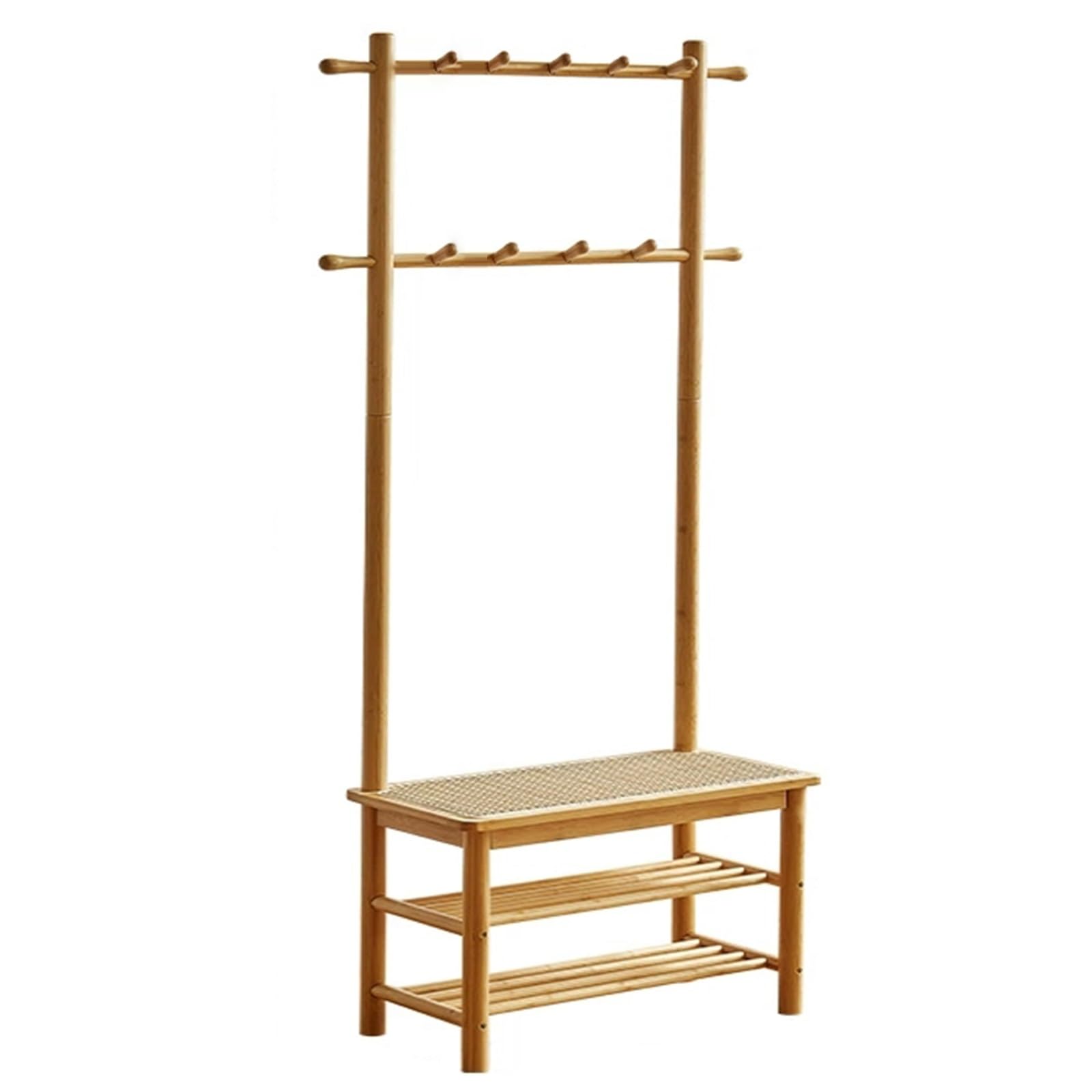 LWJSOCP Bamboo Hall Tree Coat Rack with Bench 13 Hooks 2 Shelves & Rattan Seat Stylish Entryway Shoe Storage nizer for Home Mudroom & Hallway