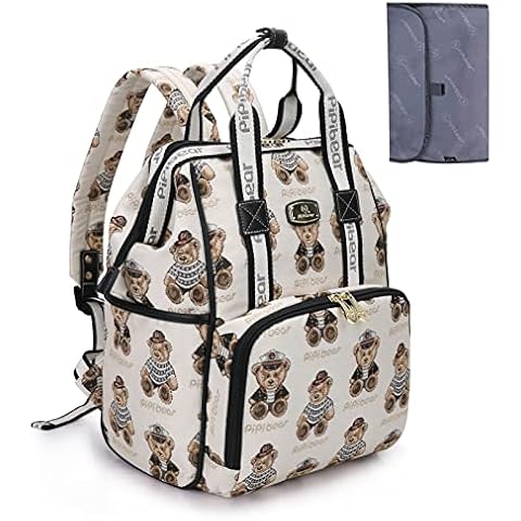 Pipi bear Diaper Bag Backpack, Stylish Cute Travel Baby Bag, Jacquard Maternity Nappy Bag for Mom and Dad with Changing Pad, Cream Cover