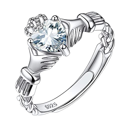 Suplight Anillos Claddagh Corazón con Piedras Natales de Diamantes Regalo Cumpleaños Abril Anillos Ajustables Delgados Irlanda Plata de Ley 925 Joyerías Religiosas para Parejas Cover