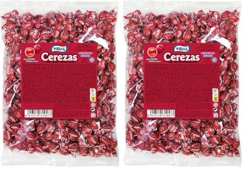 Vidal Golosinas Cherries. Caramelo de goma grageado sabor cereza. Bolsa de 200 unidades. (Paquete de 2)