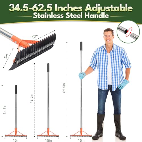 Rastrillo para césped con 18 púas de acero templado y mango ajustable de acero inoxidable de 62.5" miniatura 5